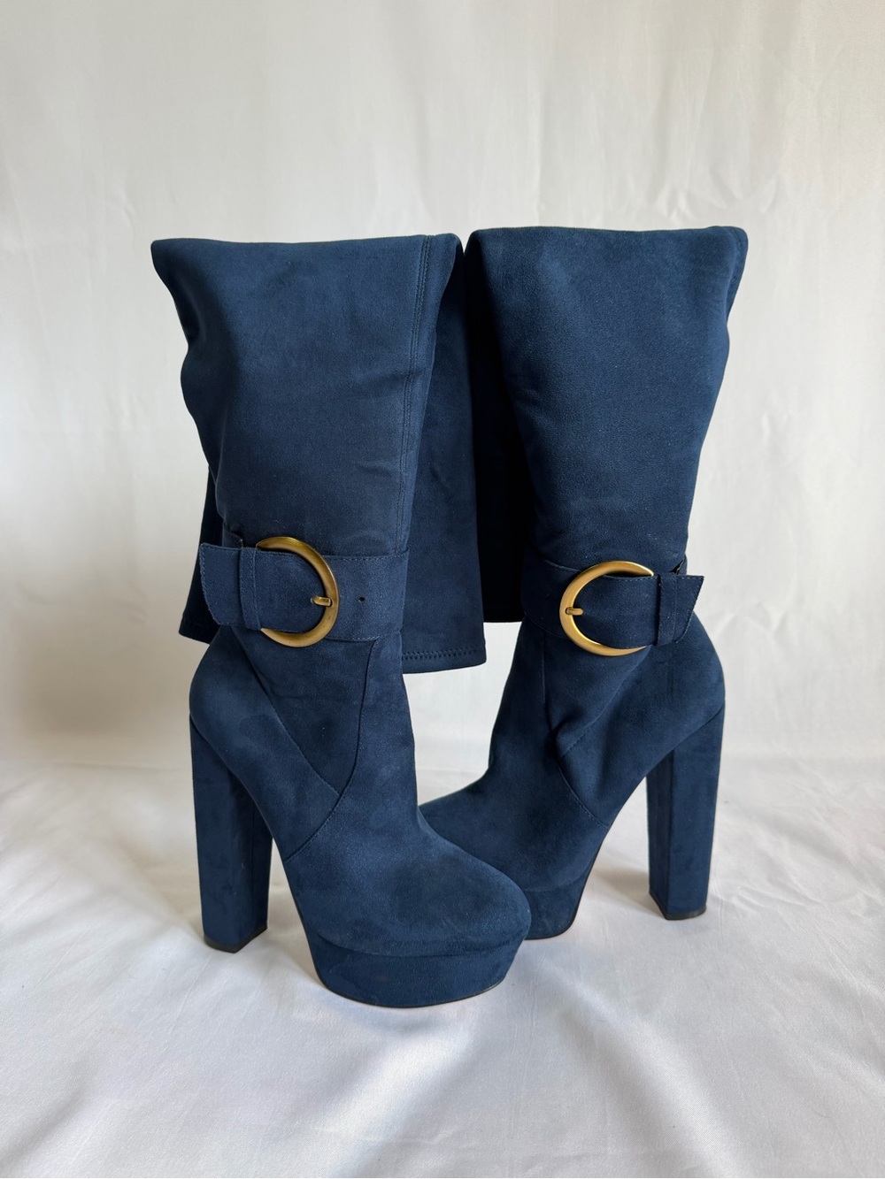 Navy Suede Platform Knee-High Boots with Gold Buckle